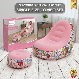 NIB Senyoubao Inflatable Lounge Chair & Ottoman Set - Pink/Graphic